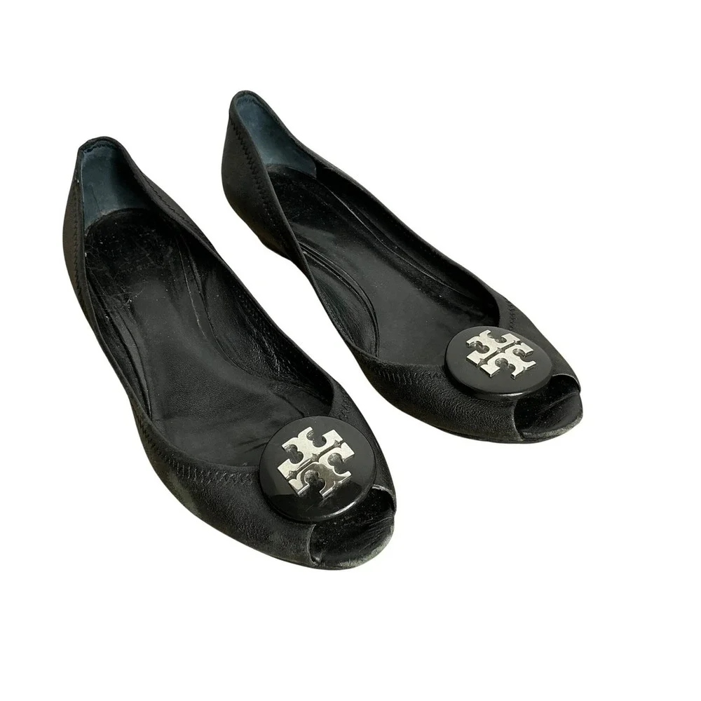 Tory Burch Reva Black Leather Peep Toe‎ Wedge Heels Silver Logo Medallion Pumps
